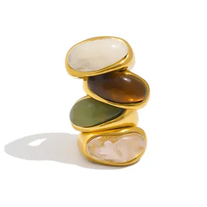 Anillos retro de acero inoxidable chapados en oro de 18K con piedras acrílicas de color