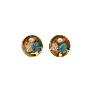 Vintage 18k gold plated stud earrings featuring pearl, zircon and turquoise stones.