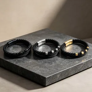 Vintage Doppellagiges Lederseil Schwarze Achatperlen Armband Für Herren Titanstahl Magnetverschluss Geflochtener Handschmuck