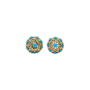 Élégantes boucles d'oreilles vintage dorées évidées avec perles bleu turquoise
