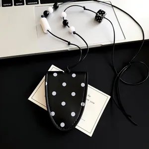 Minimalist black leather polka dot glasses bag pendant necklace with beaded cord decor