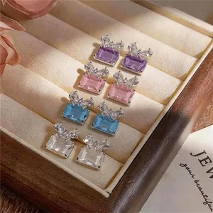 Elegant rectangular gemstone stud earrings with zircon bow accents in multiple colors