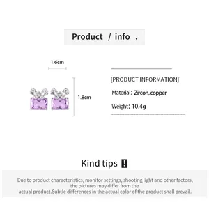 Product info for purple zircon butterfly bow earrings with dimensions and material details.