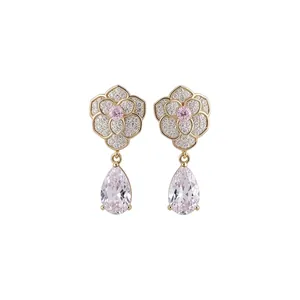 Elegante Blumen-Ohrhänger mit rosa Zirkonia und birnenförmigen Kristallen für Damen