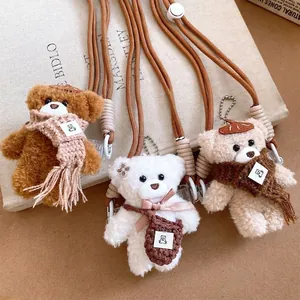 Cute plush bear phone charm with brown woven rope lanyard and scarf for autumn winter style
