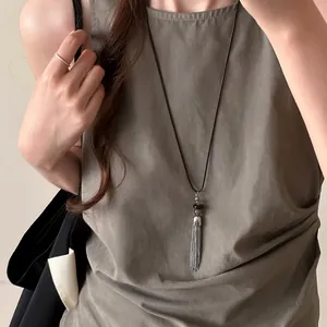 Korean style stainless steel necklace with beads and metallic tassel pendant