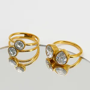Anillos asimétricos minimalistas franceses con doble circón y baño de oro fino