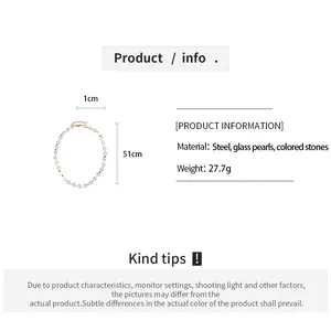 Technical information of glass pearl beaded necklace with dimensions and material details.
