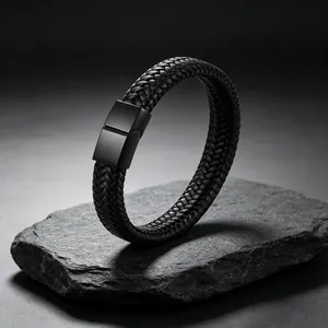 Vintage Minimalistisch Gevlochten Leren Armband Voor Heren Titaniumstaal Magneetsluiting Matte Afwerking Hip Hop Sieraden
