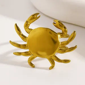 Detailed close-up of a golden vintage stainless steel crab ring on a clean white background