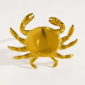 Detailed macro view of a golden stainless steel crab-shaped ring with glossy finish.