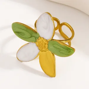 Close-up of a vintage colorful enamel flower ring made of durable stainless steel.