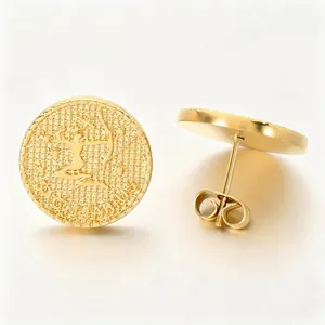 Elegant gold stainless steel round stud earrings featuring Sagittarius zodiac sign relief