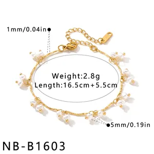 Detail view of minimalist pearl stainless steel bracelet with dimensions and weight info.