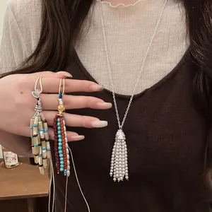 Korean Style Artificial Pearl Tassel Pendant Necklace Women Vintage Boho Sweater Chain Elegant Silver Color Fashion Accessory