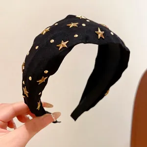 Stylish black fabric headband with gold stars and dots for women fashion
