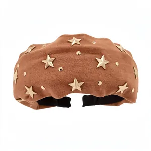 Brown fabric padded headband decorated with gold star studs for elegant hair styling