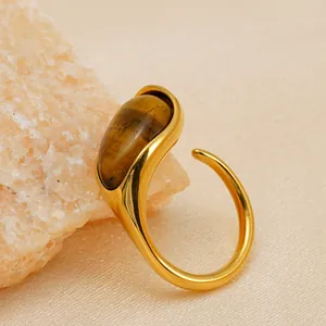 304 Edelstahl Offener Ring Für Damen Natürliches Tigerauge Tränenform Eingelegt Vergoldet Verstellbarer Vintage Mode Fingerschmuck