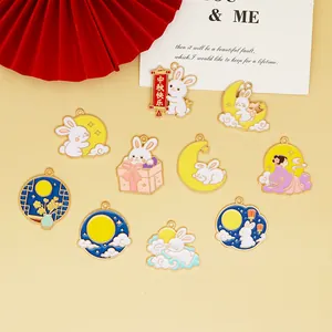 Various Mid-Autumn Festival enamel charms featuring rabbits, moons, and Chang'e designs