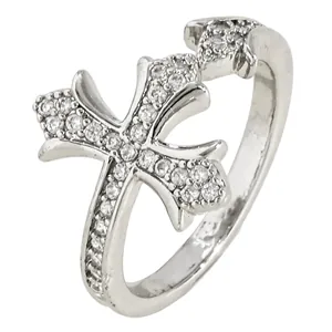 Detailed close-up of a silver double cross ring with shimmering crystal pavé stones
