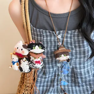 Cute Handmade Fabric Cat Doll Pendant Necklace Artificial Leather Cord Embroidered Kitten Animal Sweater Chain For Women Jewelry Gift