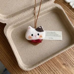Cute handmade cat plush pendant necklace with brown leather cord and red bow