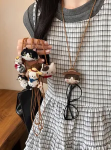 Cute handmade fabric cat doll necklace with leather cord and glasses holder function