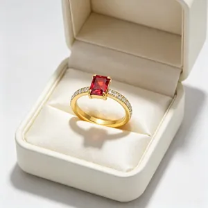 Detailopname van een gouden ring met rechthoekige rode zirkoon in een juwelendoosje
