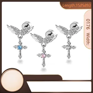 Sweet Cool Angel Wings Cross Pendant Stud Earrings For Women Titanium Post Zirconia Inlaid Punk Body Piercing Jewelry Gift