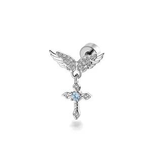 Gothic silver angel wing stud earring with dangling crystal cross and blue stone inlay