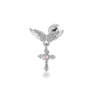 Titanium alloy stud earring with sparkling angel wings and pink stone cross pendant