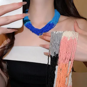 Handmade Multilayer Glass Seed Bead Choker Necklace For Women Bohemian Layered Strand Chain Necklace Alloy Clasp Geometric Jewelry Gift