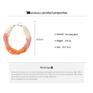 Detail view of multi-strand beaded necklace with material and size specifications