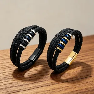 Bracelet en Corde de Cuir Tressé Multicouche pour Hommes Acier Titane Boucle Magnétique Hip Hop Bijou de Poignet Tendance