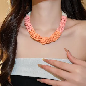 Detailed macro view of a handmade multi-layer gradient beaded necklace worn by a model