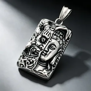 Detailed view of Gothic stainless steel pendant featuring a unique two-faced Buddha design