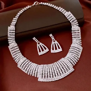 Elegant Copper Rhinestone Trapezoid Necklace Stud Earrings Set Women Silver Post Adjustable Fashion Luxury Prom Jewelry