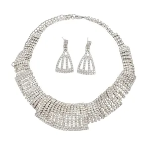 Sparkling rhinestone trapezoid necklace and earrings set with adjustable silver needle chain