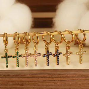 Ανοξείδωτο Ατσάλι Επιχρυσωμένα 18K Σκουλαρίκια Σταυρός για Γυναίκες Μόδα Σκουλαρίκια Κρίκοι με Ζιρκόνια Κοσμήματα Niche