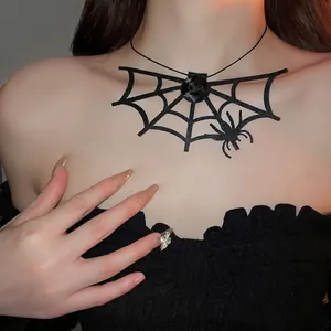 Halloween gothic black spiderweb velvet choker necklace with a rose and spider charm