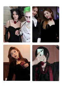Detail view of Gothic red rose choker with thorn design worn by models for Halloween