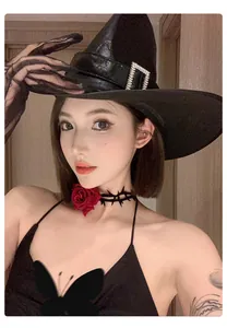 Halloween thorn choker necklace with red rose and classic black witch hat model