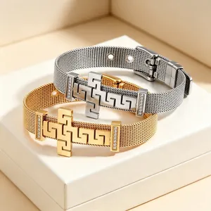 Titanium Steel Greek Key Cross Mesh Band Bracelet For Women Adjustable Rhinestone Belt Buckle Religion Charm Jewelry