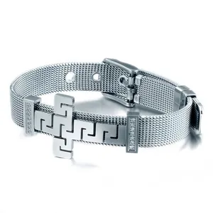Stainless steel mesh bracelet with Greek key cross and adjustable belt buckle closure