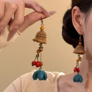 Boucles d'Oreilles Pendantes en Bois Fleur Style Néo-chinois pour Femmes Rétro Fait à la Main Accessoires de Bijoux de Boutique Ethnique
