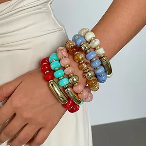 Vintage Acryl Perlen Elastisches Armband Für Damen Bunte Runde Perlen Handkette Böhmischen Dopamin Stil Schmuck
