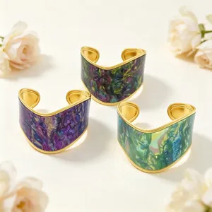 Stainless Steel Gold Plated V-Shaped Wide Cuff Bracelet For Women Vintage Oil Painting Texture Abalone Look Bangle Jewelry