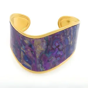 Gold-plated V-shaped wide cuff bracelet with colorful purple marble pattern for women