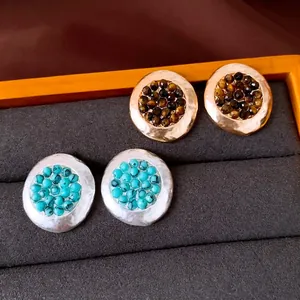 Pendientes de Botón de Piedra Plisada Redonda Vintage Poste de Plata Chapado en Oro Plata Cobre para Mujer Joyas Elegantes