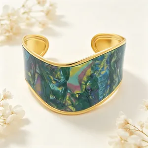 Gold-plated V-shaped cuff bracelet with vibrant abalone-like oil painting texture